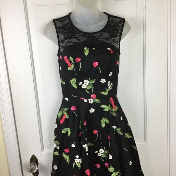 Womens Rockabilly Black Cherry Print Fit-and-Flare Midi Dress - Picture 2 of 9